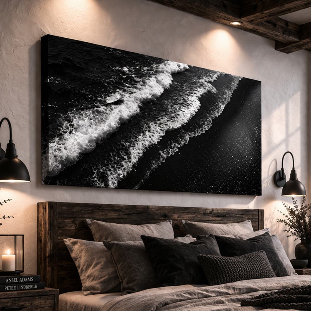 Canvas artwork placed in a generated scene: room scene, side