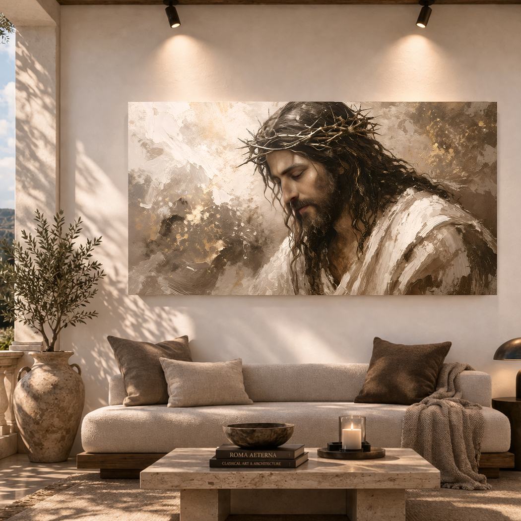 Canvas artwork placed in a generated scene: room scene