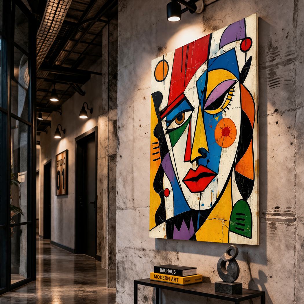Canvas artwork placed in a generated scene: room scene, side
