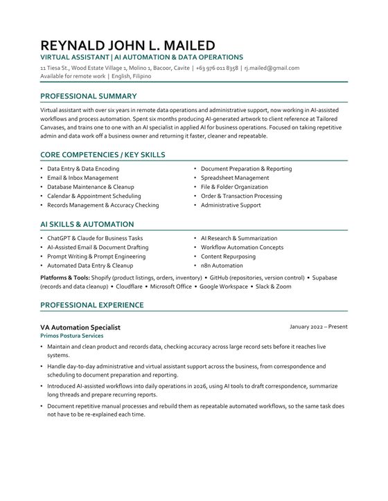 Two page resume for Reynald John L. Mailed